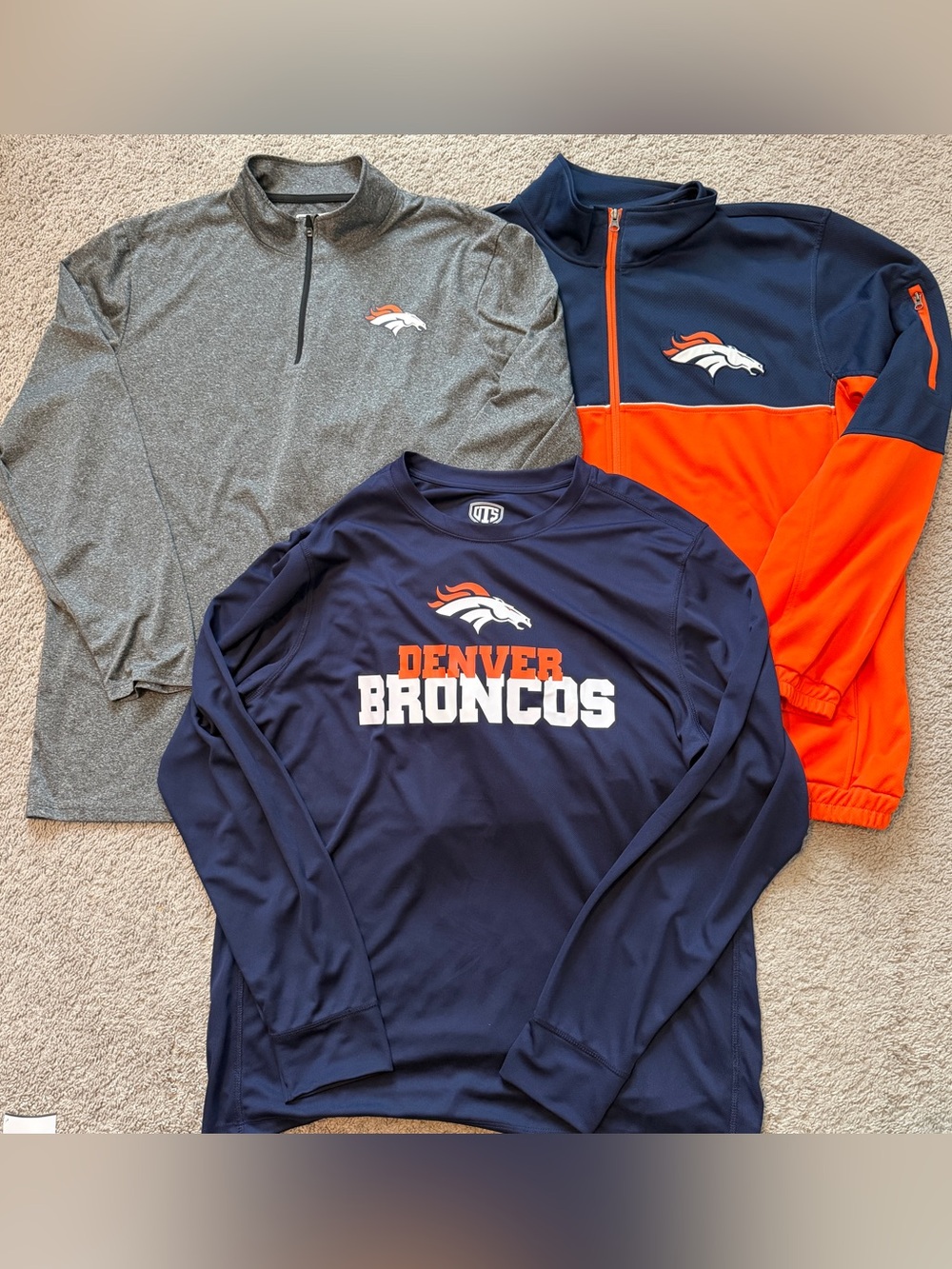 Lot of 3 Denver Broncos Mens Gear Jacket Quarter Zip Long Sleeve Shirt L XL